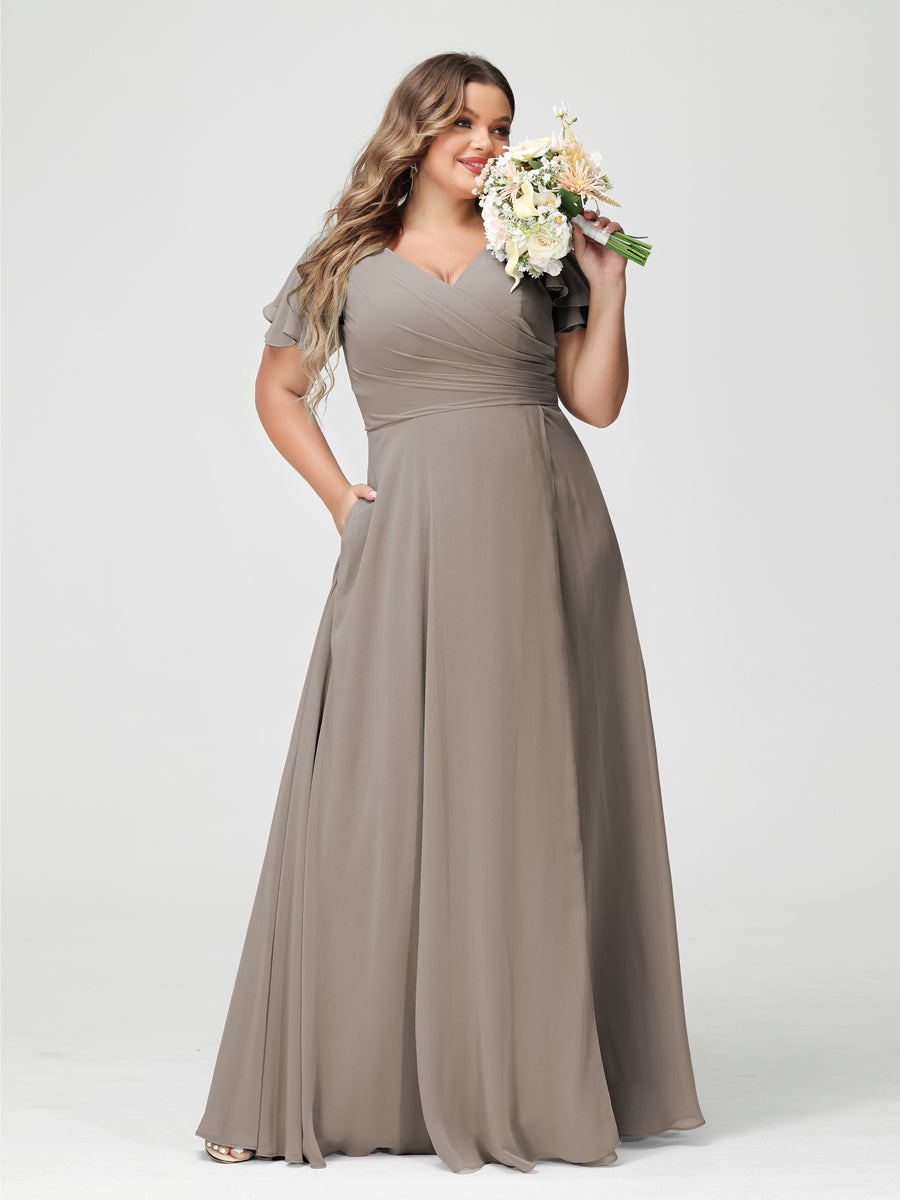 Plus Size Chiffon Bridesmaid Dress with Pockets and Side Split - A-Line Princess V-Neck Short Sleeves-BMbridal.UK