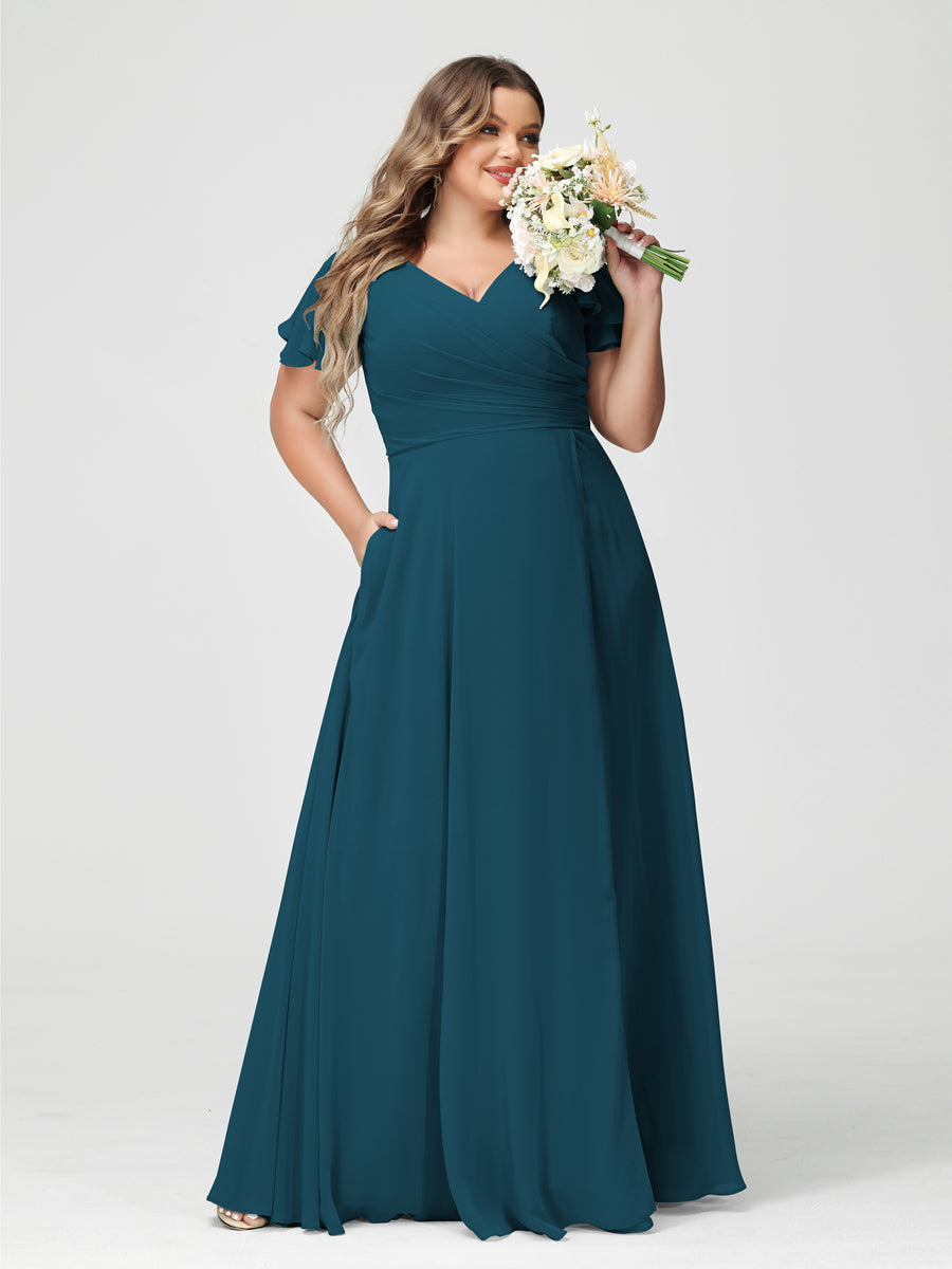 Plus Size Chiffon Bridesmaid Dress with Pockets and Side Split - A-Line Princess V-Neck Short Sleeves-BMbridal.UK