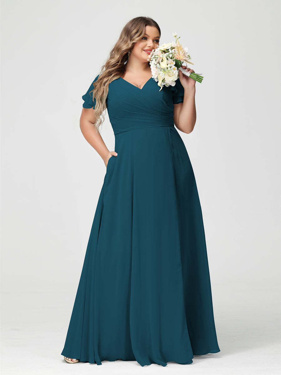 Plus Size Chiffon Bridesmaid Dress with Pockets and Side Split - A-Line Princess V-Neck Short Sleeves-BMbridal.UK