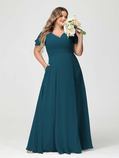 Plus Size Chiffon Bridesmaid Dress with Pockets and Side Split - A-Line Princess V-Neck Short Sleeves-BMbridal.UK