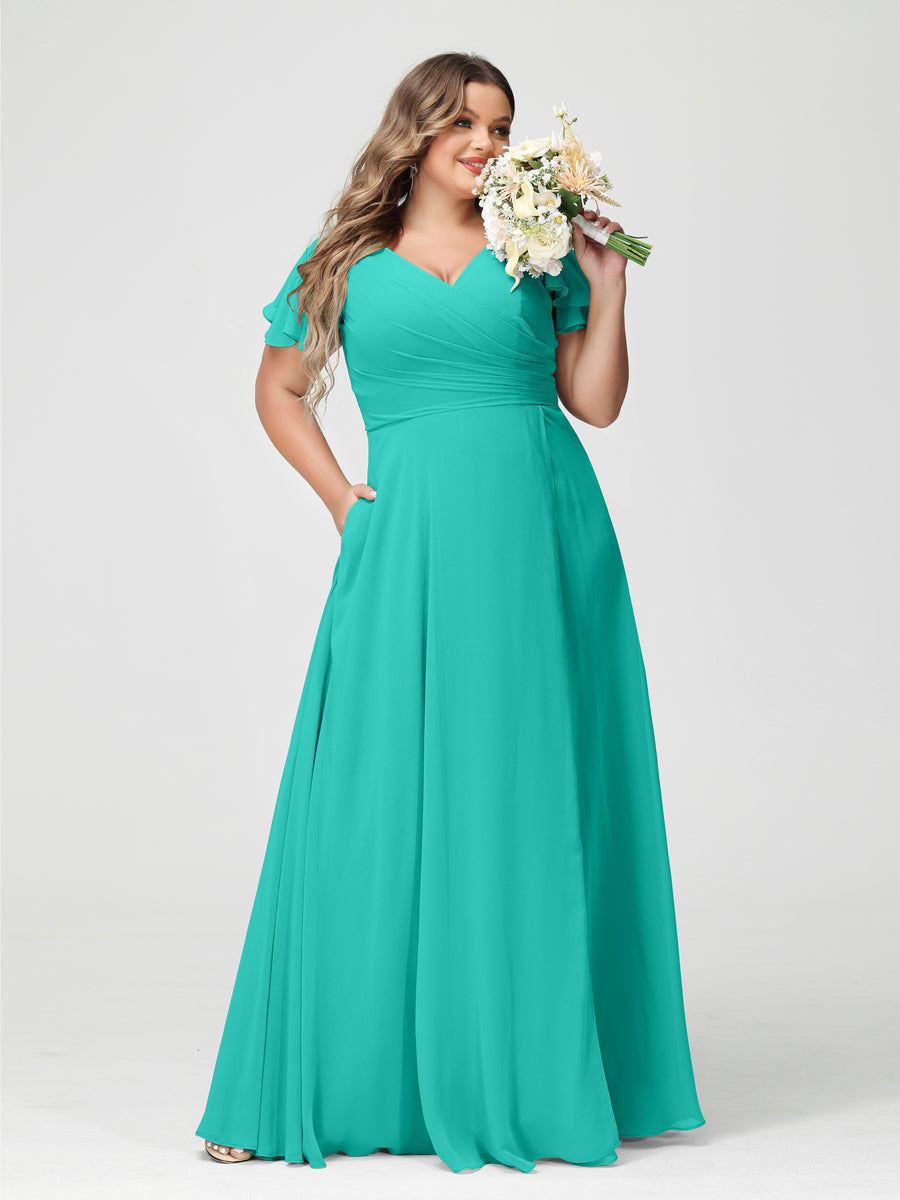 Plus Size Chiffon Bridesmaid Dress with Pockets and Side Split - A-Line Princess V-Neck Short Sleeves-BMbridal.UK