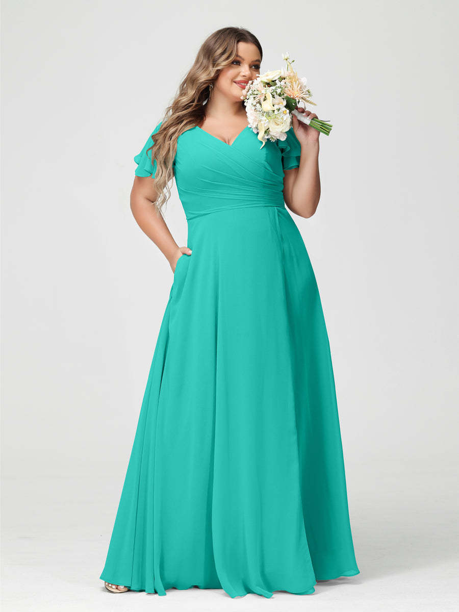 Plus Size Chiffon Bridesmaid Dress with Pockets and Side Split - A-Line Princess V-Neck Short Sleeves-BMbridal.UK