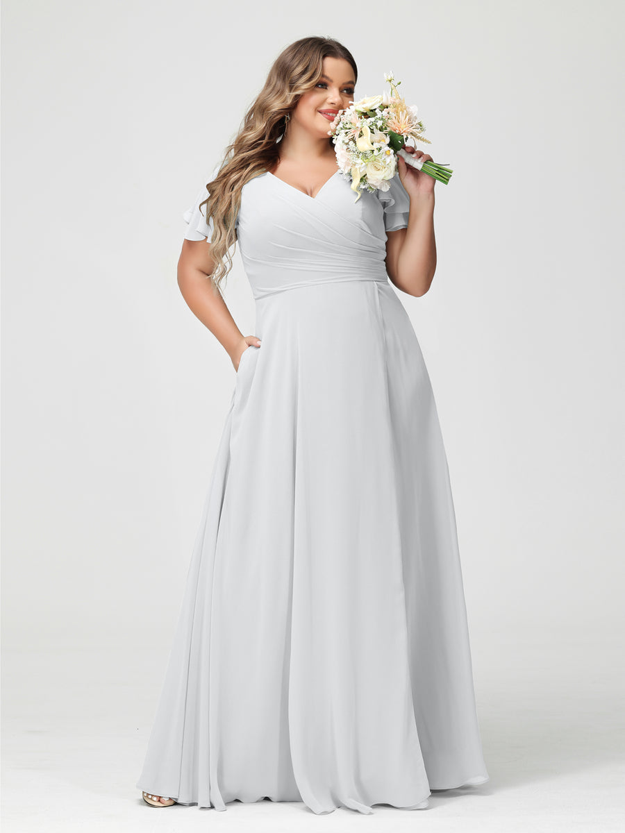 Plus Size Chiffon Bridesmaid Dress with Pockets and Side Split - A-Line Princess V-Neck Short Sleeves-BMbridal.UK