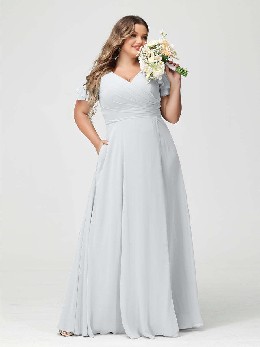 Plus Size Chiffon Bridesmaid Dress with Pockets and Side Split - A-Line Princess V-Neck Short Sleeves-BMbridal.UK