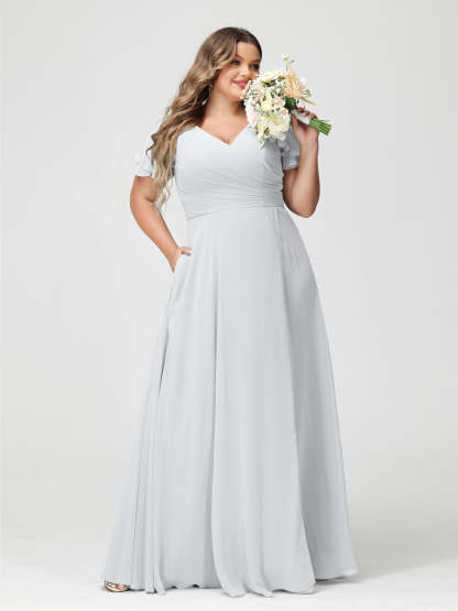 Plus Size Chiffon Bridesmaid Dress with Pockets and Side Split - A-Line Princess V-Neck Short Sleeves-BMbridal.UK