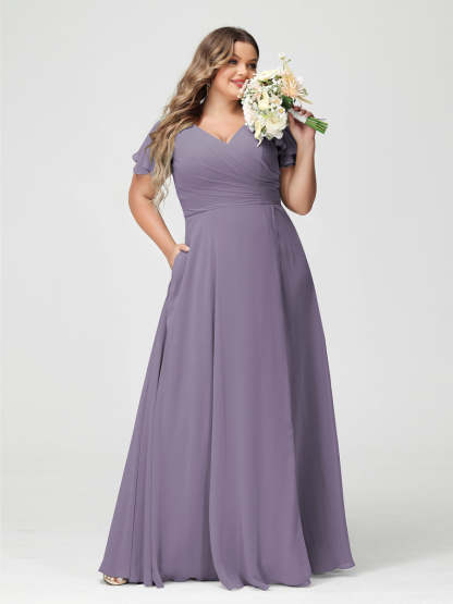 Plus Size Chiffon Bridesmaid Dress with Pockets and Side Split - A-Line Princess V-Neck Short Sleeves-BMbridal.UK