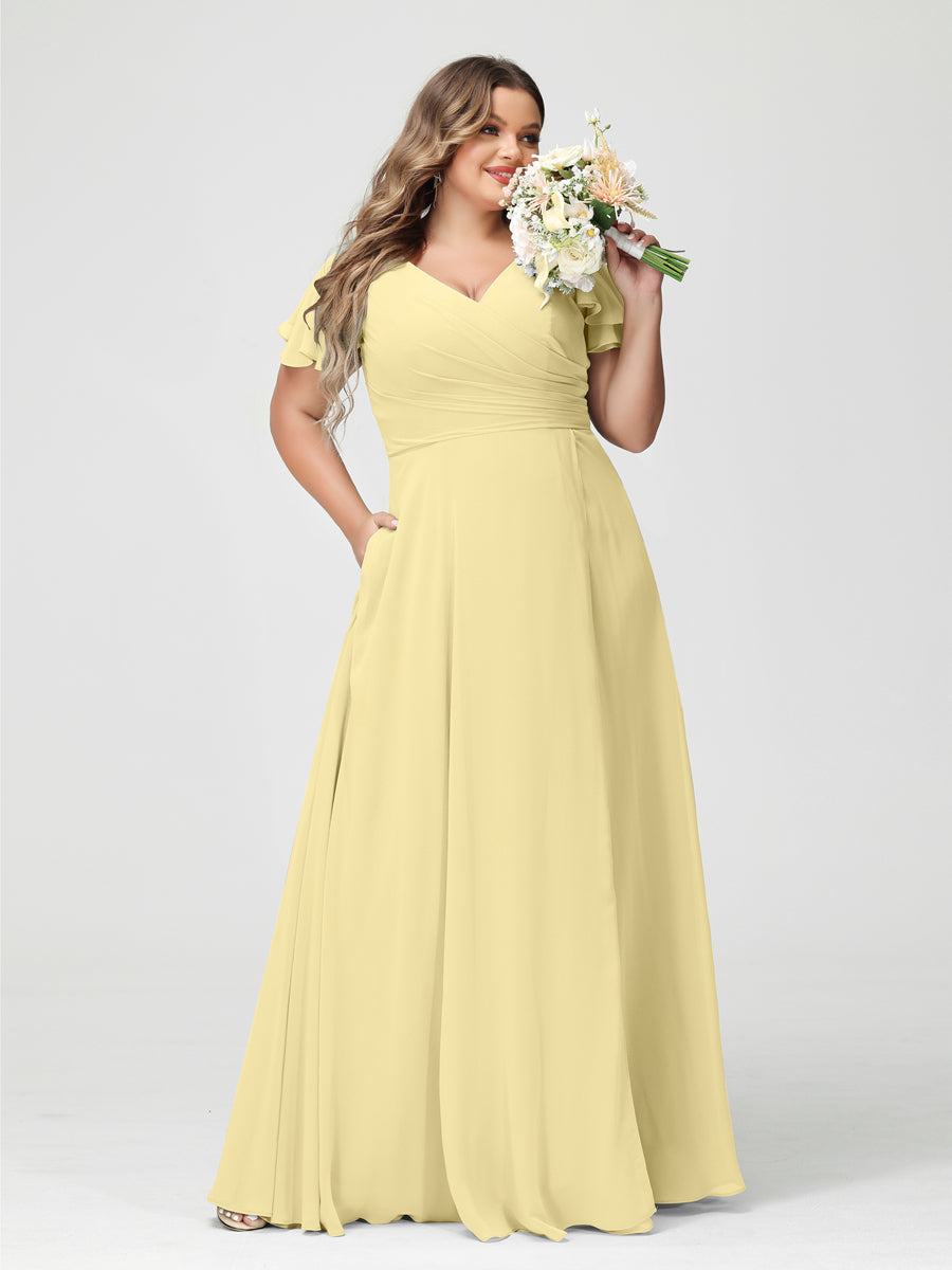 Plus Size Chiffon Bridesmaid Dress with Pockets and Side Split - A-Line Princess V-Neck Short Sleeves-BMbridal.UK