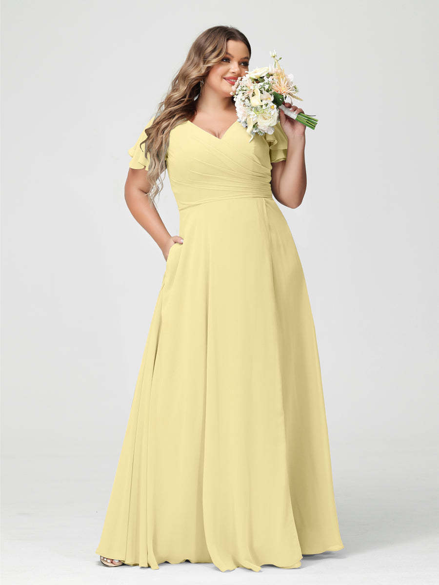 Plus Size Chiffon Bridesmaid Dress with Pockets and Side Split - A-Line Princess V-Neck Short Sleeves-BMbridal.UK