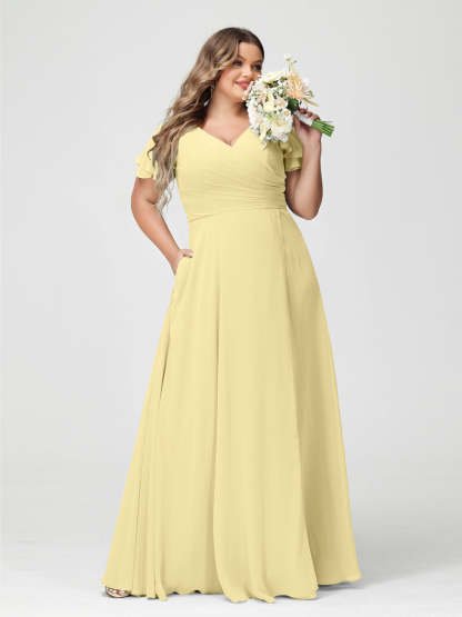 Plus Size Chiffon Bridesmaid Dress with Pockets and Side Split - A-Line Princess V-Neck Short Sleeves-BMbridal.UK