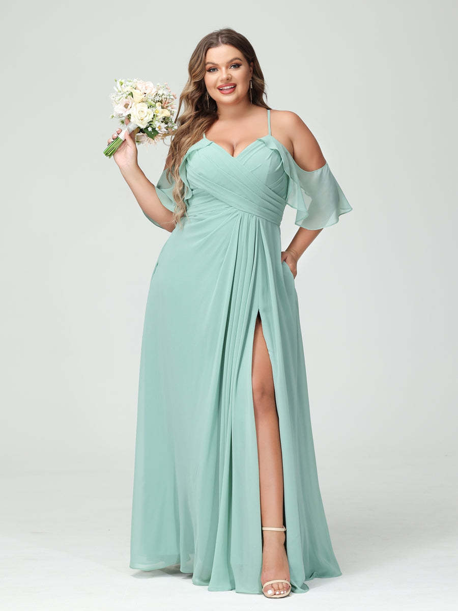 Princess A-Line Chiffon Bridesmaid Dresses with Spaghetti Straps, Short Sleeves, and Ruched Side Split, Plus Size with Pockets-BMbridal.UK