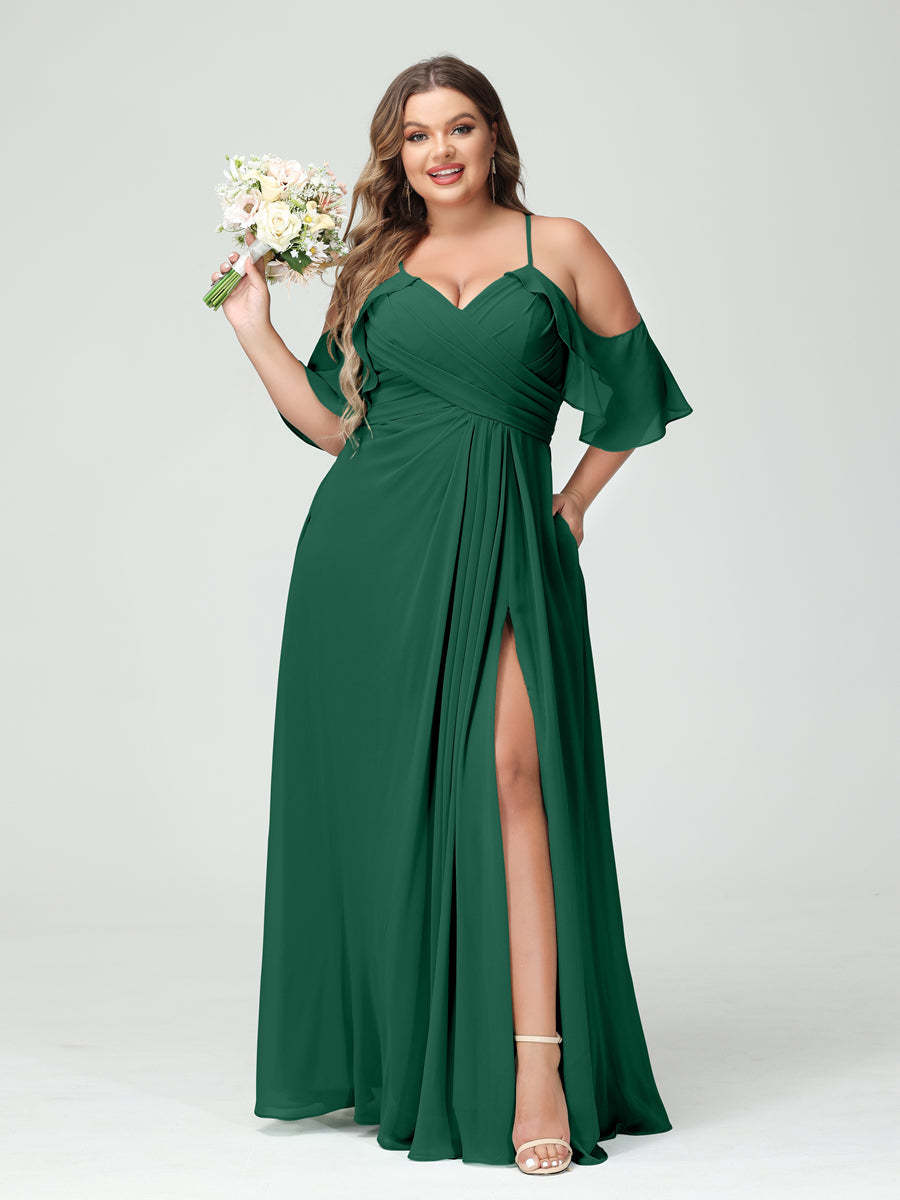Princess A-Line Chiffon Bridesmaid Dresses with Spaghetti Straps, Short Sleeves, and Ruched Side Split, Plus Size with Pockets-BMbridal.UK