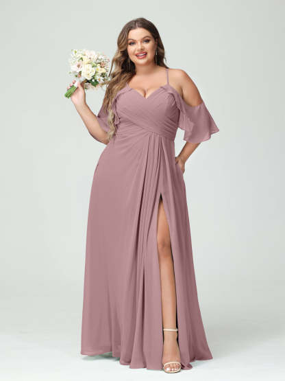 Princess A-Line Chiffon Bridesmaid Dresses with Spaghetti Straps, Short Sleeves, and Ruched Side Split, Plus Size with Pockets-BMbridal.UK