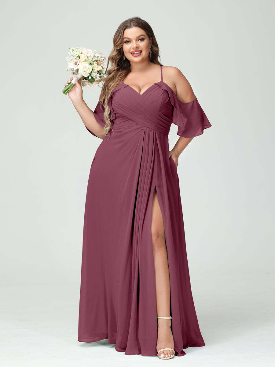 Princess A-Line Chiffon Bridesmaid Dresses with Spaghetti Straps, Short Sleeves, and Ruched Side Split, Plus Size with Pockets-BMbridal.UK