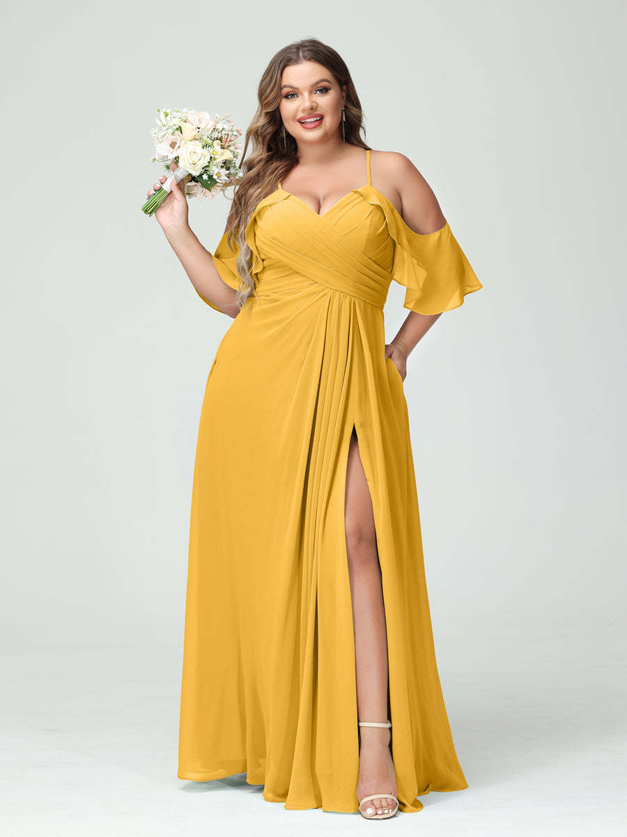 Princess A-Line Chiffon Bridesmaid Dresses with Spaghetti Straps, Short Sleeves, and Ruched Side Split, Plus Size with Pockets-BMbridal.UK