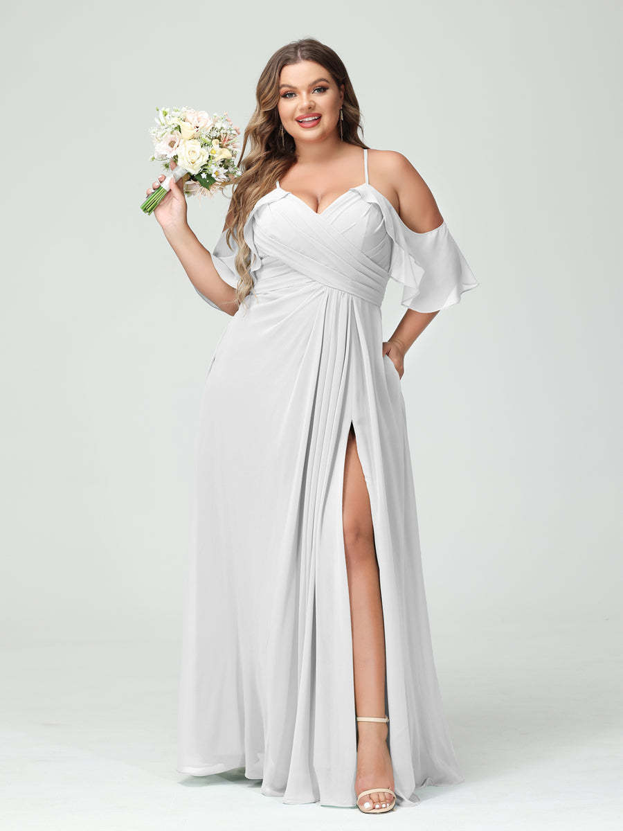Princess A-Line Chiffon Bridesmaid Dresses with Spaghetti Straps, Short Sleeves, and Ruched Side Split, Plus Size with Pockets-BMbridal.UK