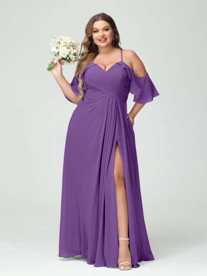 Princess A-Line Chiffon Bridesmaid Dresses with Spaghetti Straps, Short Sleeves, and Ruched Side Split, Plus Size with Pockets-BMbridal.UK