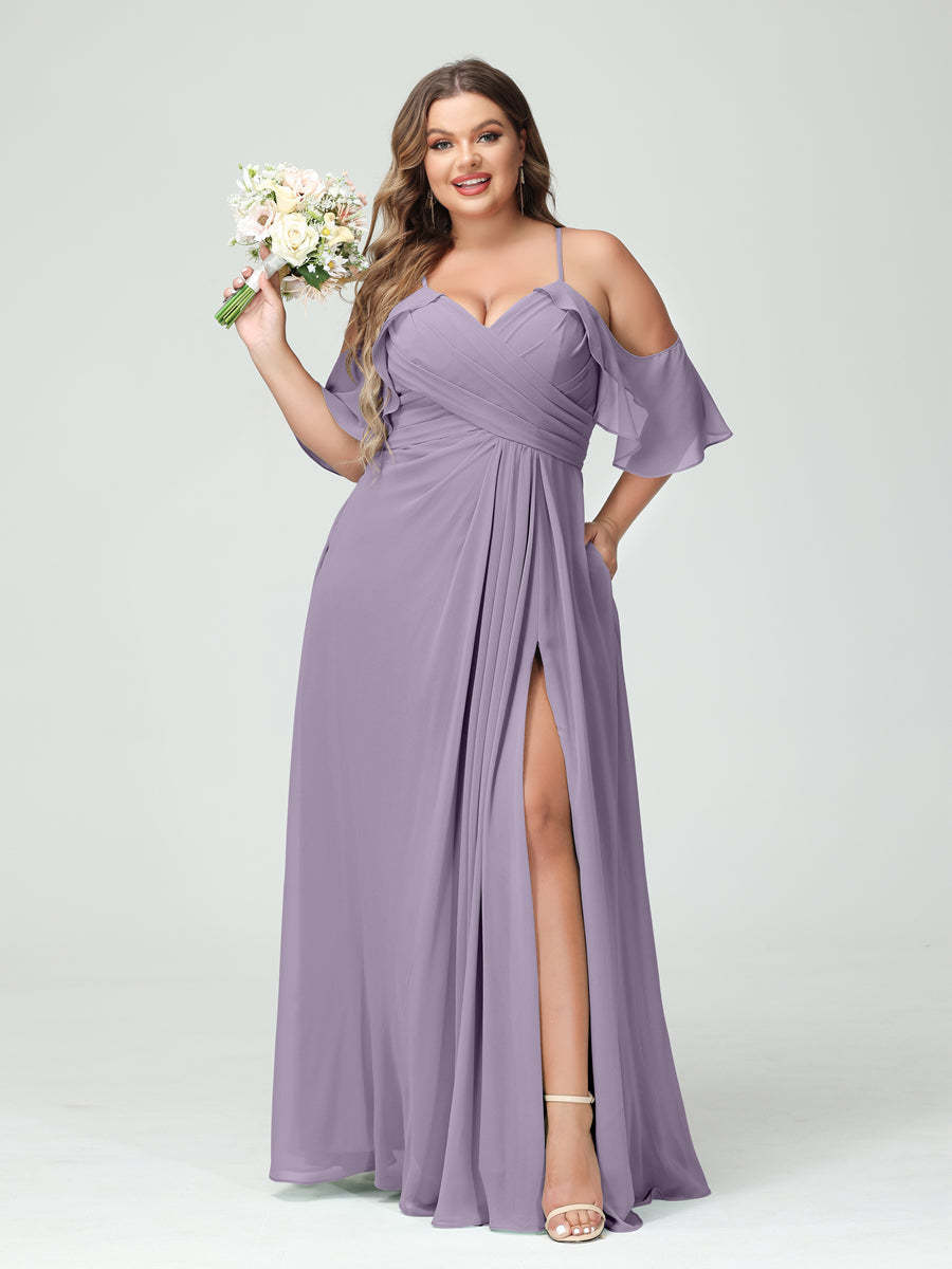 Princess A-Line Chiffon Bridesmaid Dresses with Spaghetti Straps, Short Sleeves, and Ruched Side Split, Plus Size with Pockets-BMbridal.UK