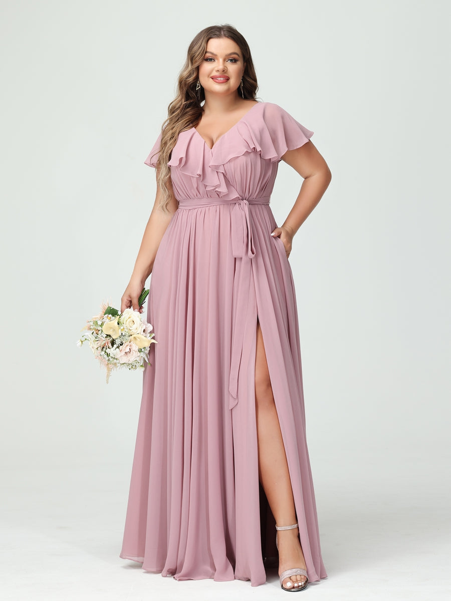 Plus Size Chiffon Bridesmaid Dress with Pockets - A-Line/Princess V-Neck, Short Sleeves, Ruffles, Ruched & Side Split-BMbridal.UK