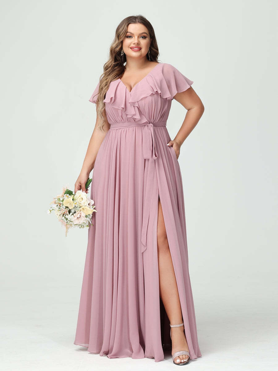 Plus Size Chiffon Bridesmaid Dress with Pockets - A-Line/Princess V-Neck, Short Sleeves, Ruffles, Ruched & Side Split-BMbridal.UK