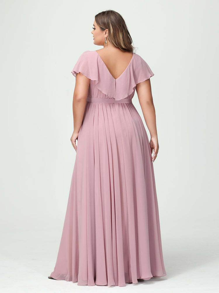 Plus Size Chiffon Bridesmaid Dress with Pockets - A-Line/Princess V-Neck, Short Sleeves, Ruffles, Ruched & Side Split-BMbridal.UK