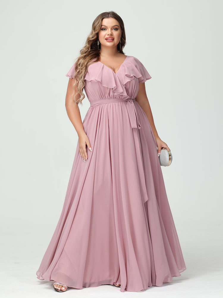 Plus Size Chiffon Bridesmaid Dress with Pockets - A-Line/Princess V-Neck, Short Sleeves, Ruffles, Ruched & Side Split-BMbridal.UK
