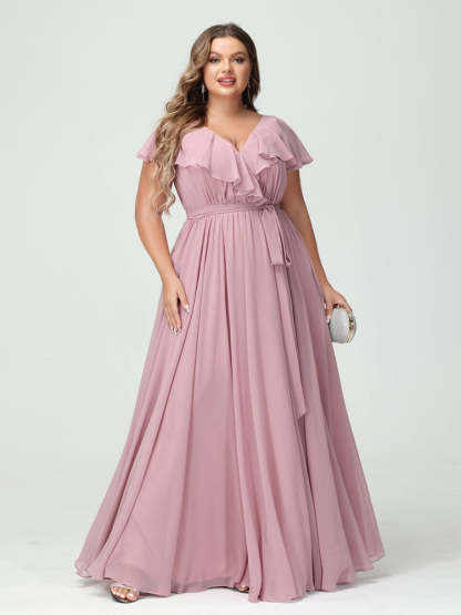 Plus Size Chiffon Bridesmaid Dress with Pockets - A-Line/Princess V-Neck, Short Sleeves, Ruffles, Ruched & Side Split-BMbridal.UK
