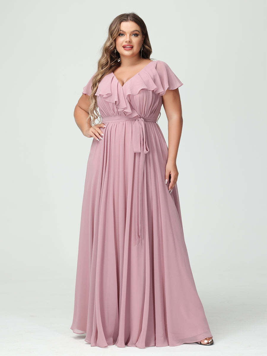 Plus Size Chiffon Bridesmaid Dress with Pockets - A-Line/Princess V-Neck, Short Sleeves, Ruffles, Ruched & Side Split-BMbridal.UK