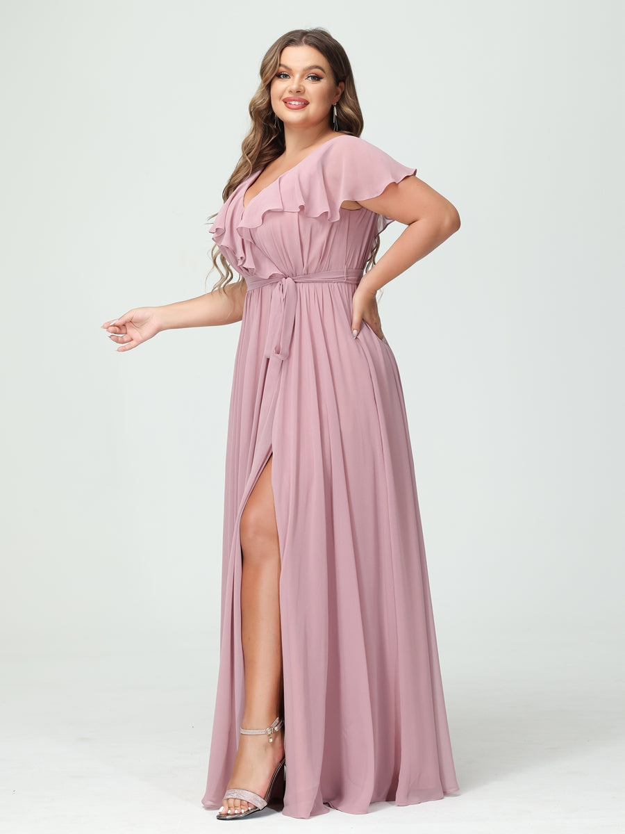 Plus Size Chiffon Bridesmaid Dress with Pockets - A-Line/Princess V-Neck, Short Sleeves, Ruffles, Ruched & Side Split-BMbridal.UK