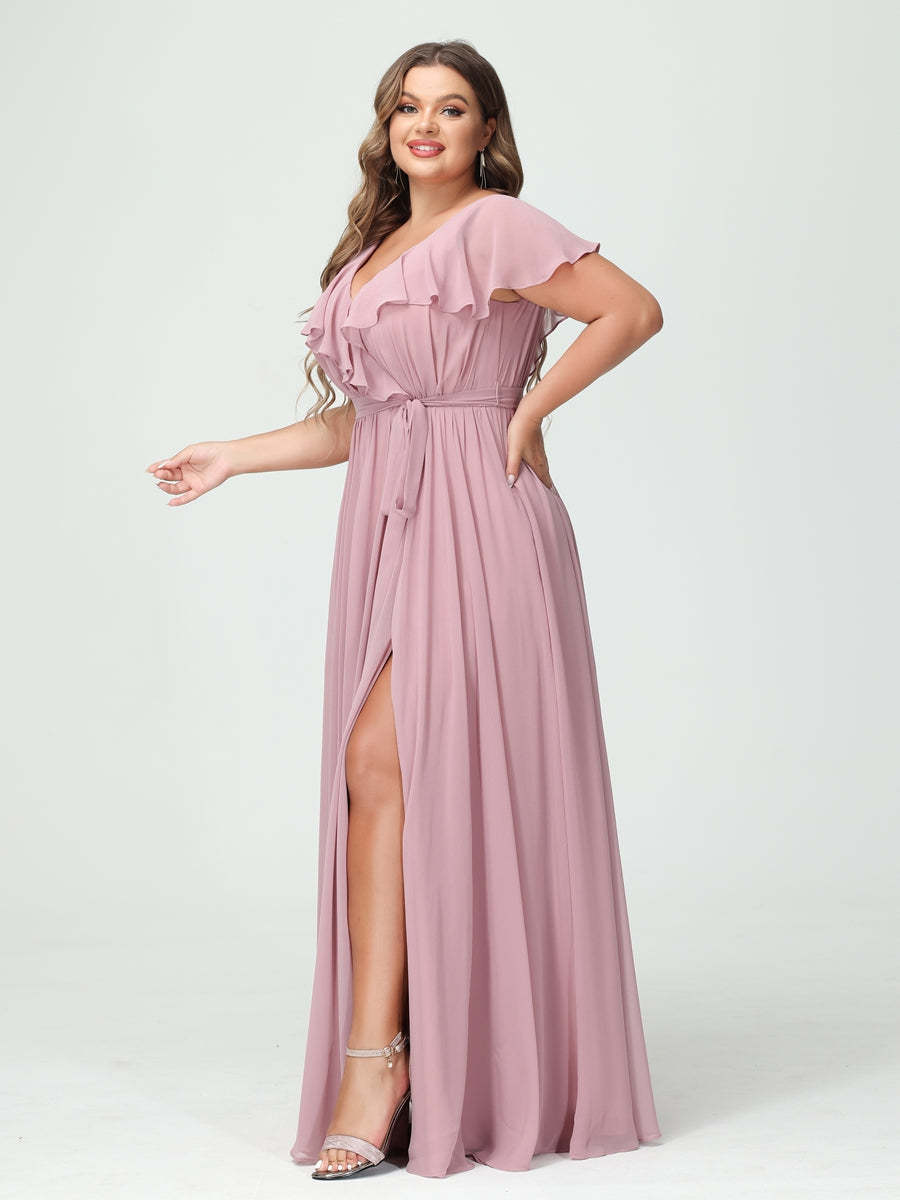 Plus Size Chiffon Bridesmaid Dress with Pockets - A-Line/Princess V-Neck, Short Sleeves, Ruffles, Ruched & Side Split-BMbridal.UK