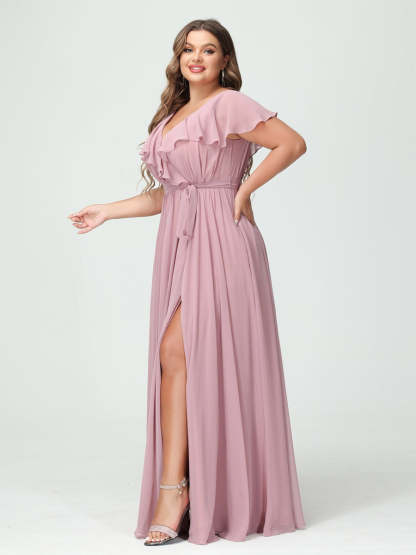 Plus Size Chiffon Bridesmaid Dress with Pockets - A-Line/Princess V-Neck, Short Sleeves, Ruffles, Ruched & Side Split-BMbridal.UK