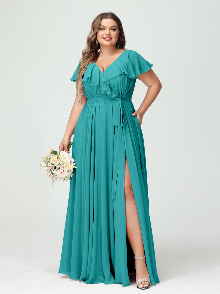 Plus Size Chiffon Bridesmaid Dress with Pockets - A-Line/Princess V-Neck, Short Sleeves, Ruffles, Ruched & Side Split-BMbridal.UK
