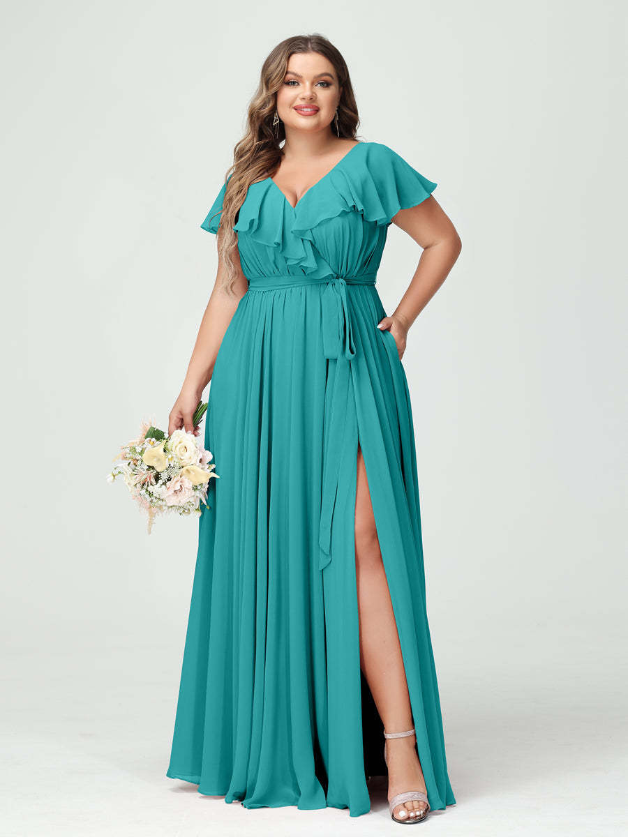 Plus Size Chiffon Bridesmaid Dress with Pockets - A-Line/Princess V-Neck, Short Sleeves, Ruffles, Ruched & Side Split-BMbridal.UK