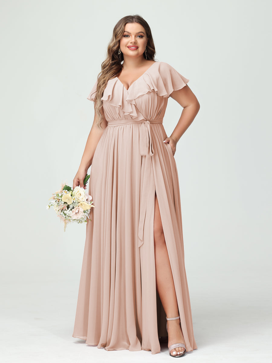 Plus Size Chiffon Bridesmaid Dress with Pockets - A-Line/Princess V-Neck, Short Sleeves, Ruffles, Ruched & Side Split-BMbridal.UK
