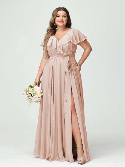Plus Size Chiffon Bridesmaid Dress with Pockets - A-Line/Princess V-Neck, Short Sleeves, Ruffles, Ruched & Side Split-BMbridal.UK