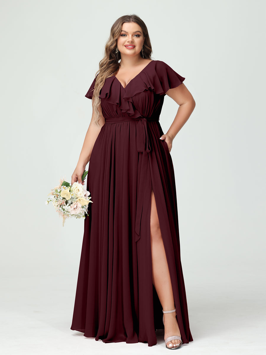 Plus Size Chiffon Bridesmaid Dress with Pockets - A-Line/Princess V-Neck, Short Sleeves, Ruffles, Ruched & Side Split-BMbridal.UK