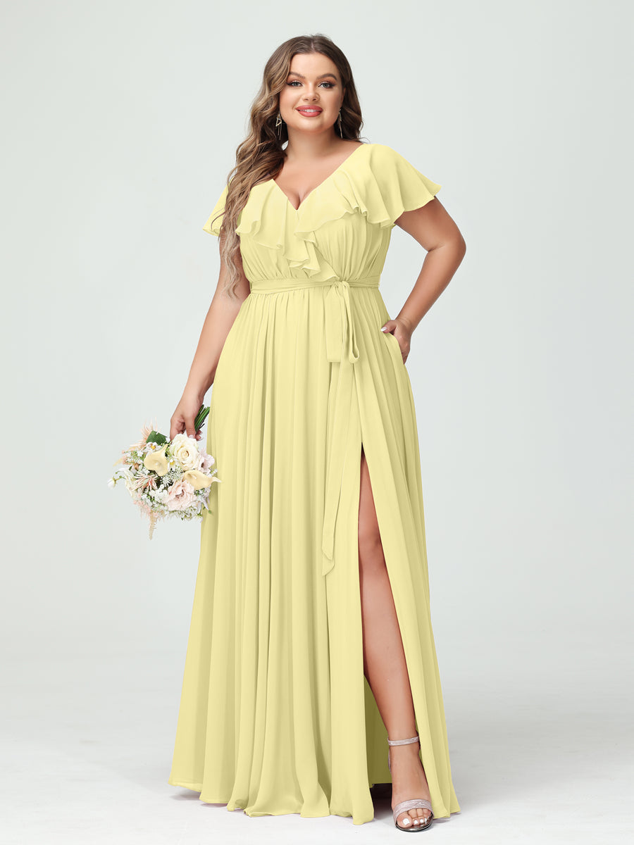 Plus Size Chiffon Bridesmaid Dress with Pockets - A-Line/Princess V-Neck, Short Sleeves, Ruffles, Ruched & Side Split-BMbridal.UK