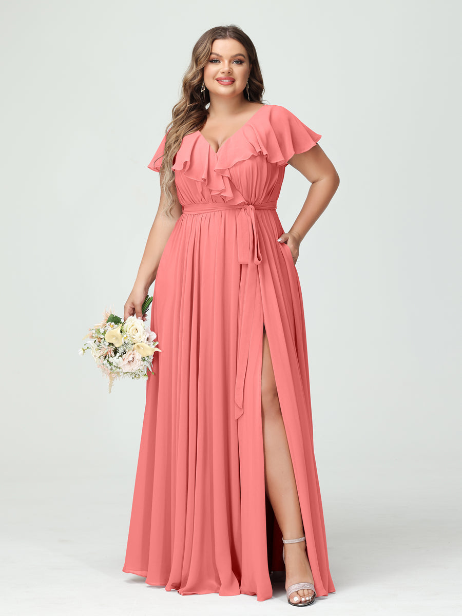 Plus Size Chiffon Bridesmaid Dress with Pockets - A-Line/Princess V-Neck, Short Sleeves, Ruffles, Ruched & Side Split-BMbridal.UK