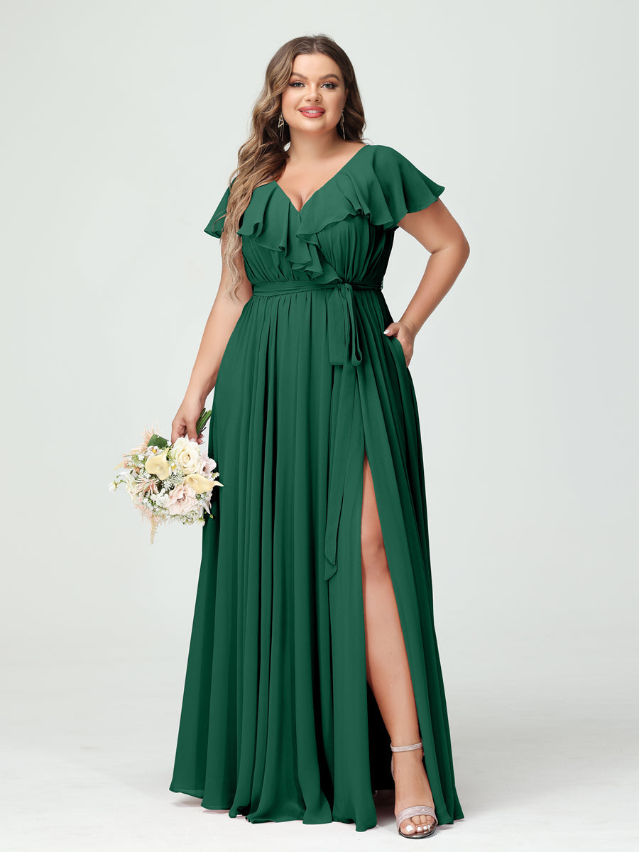 Plus Size Chiffon Bridesmaid Dress with Pockets - A-Line/Princess V-Neck, Short Sleeves, Ruffles, Ruched & Side Split-BMbridal.UK