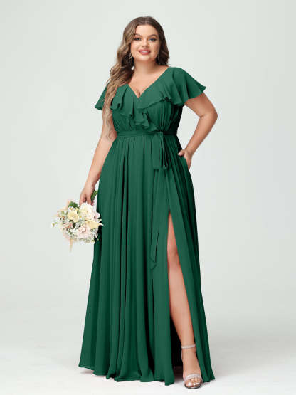 Plus Size Chiffon Bridesmaid Dress with Pockets - A-Line/Princess V-Neck, Short Sleeves, Ruffles, Ruched & Side Split-BMbridal.UK