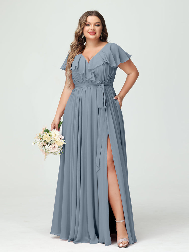 Plus Size Chiffon Bridesmaid Dress with Pockets - A-Line/Princess V-Neck, Short Sleeves, Ruffles, Ruched & Side Split-BMbridal.UK