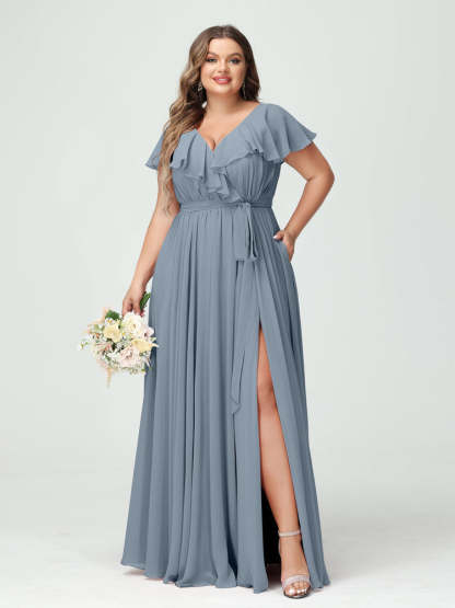 Plus Size Chiffon Bridesmaid Dress with Pockets - A-Line/Princess V-Neck, Short Sleeves, Ruffles, Ruched & Side Split-BMbridal.UK