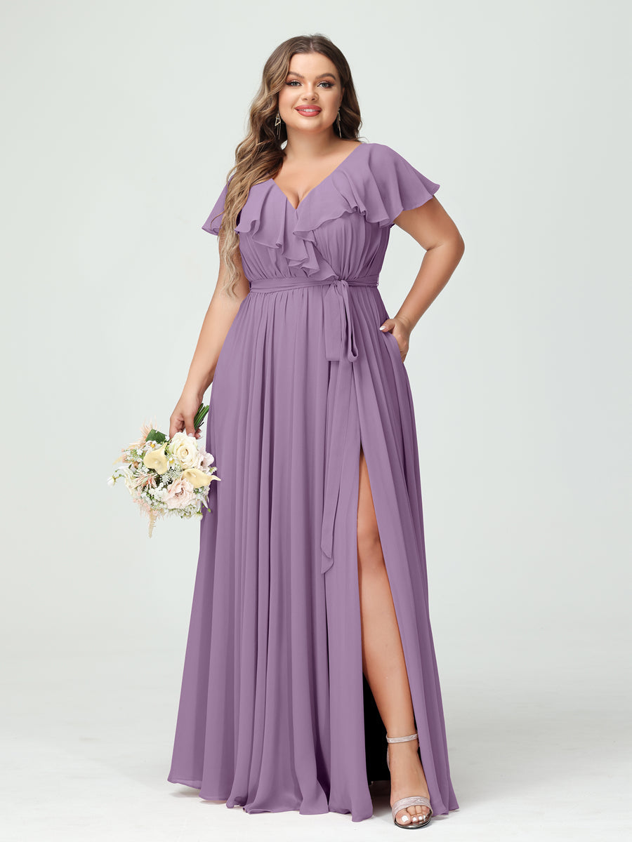 Plus Size Chiffon Bridesmaid Dress with Pockets - A-Line/Princess V-Neck, Short Sleeves, Ruffles, Ruched & Side Split-BMbridal.UK