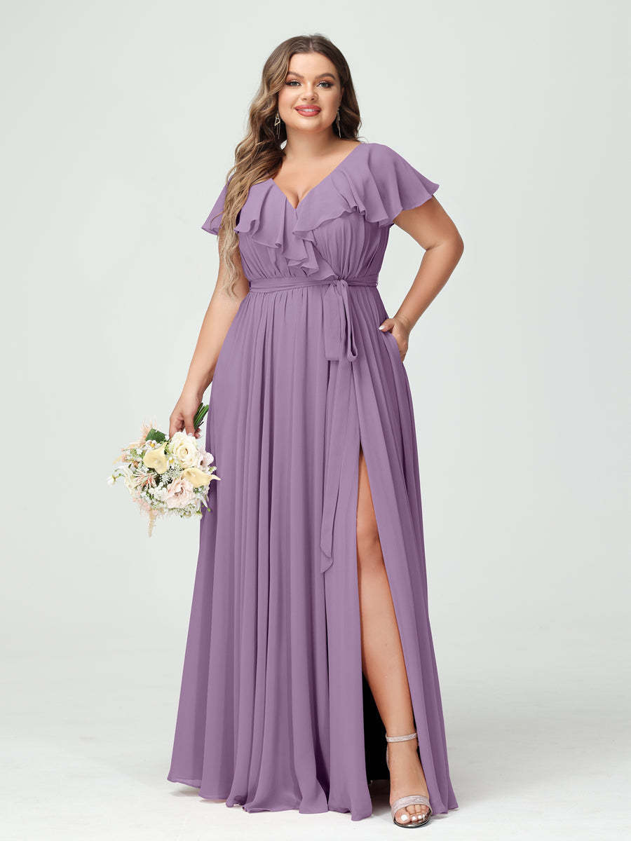 Plus Size Chiffon Bridesmaid Dress with Pockets - A-Line/Princess V-Neck, Short Sleeves, Ruffles, Ruched & Side Split-BMbridal.UK