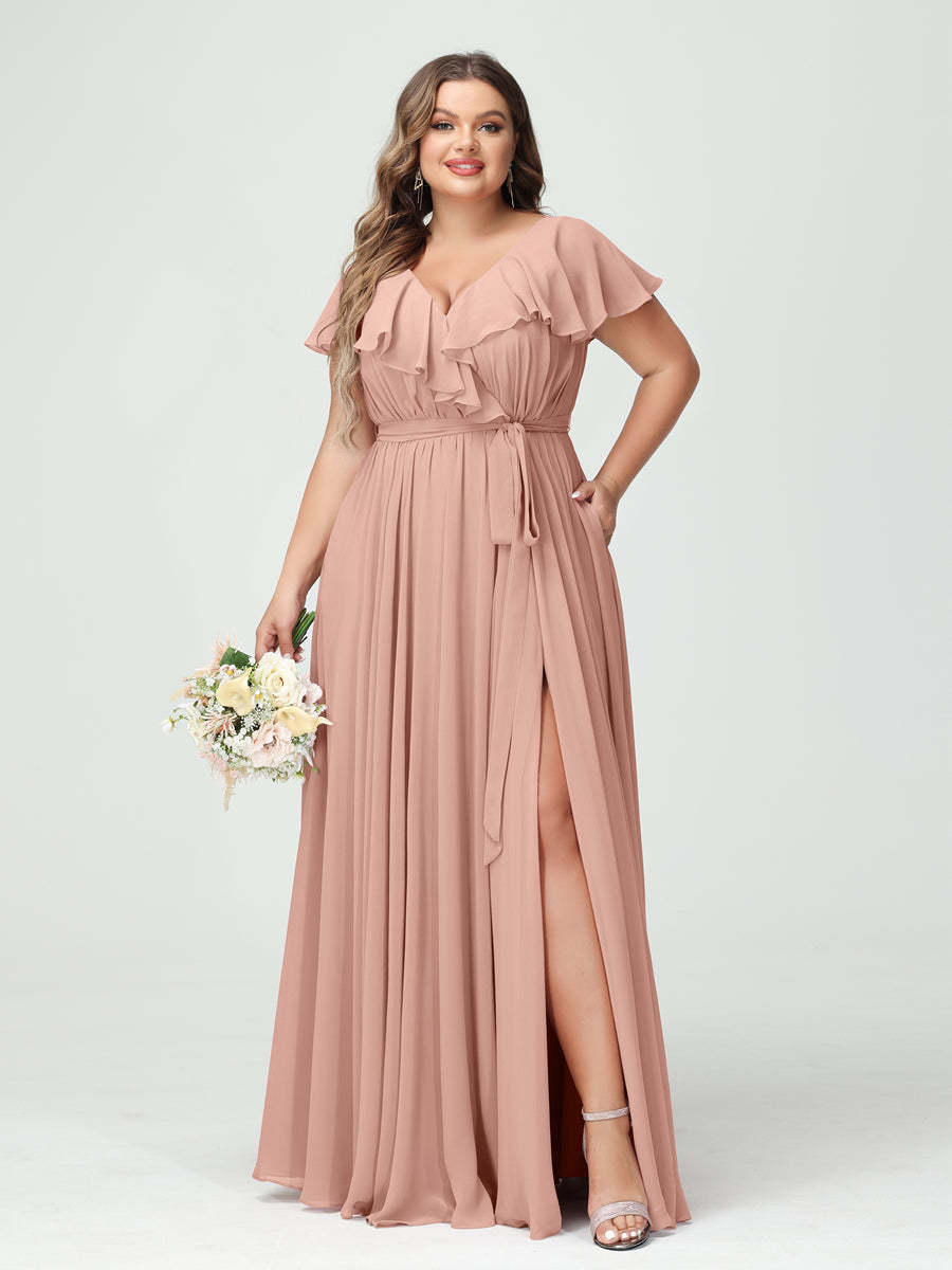 Plus Size Chiffon Bridesmaid Dress with Pockets - A-Line/Princess V-Neck, Short Sleeves, Ruffles, Ruched & Side Split-BMbridal.UK