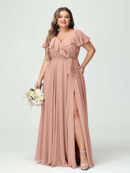 Plus Size Chiffon Bridesmaid Dress with Pockets - A-Line/Princess V-Neck, Short Sleeves, Ruffles, Ruched & Side Split-BMbridal.UK