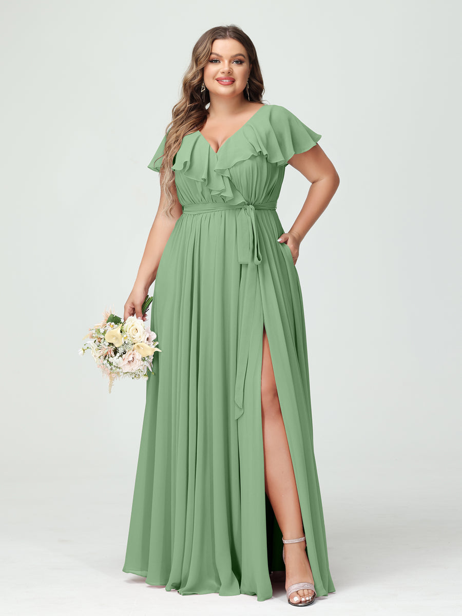 Plus Size Chiffon Bridesmaid Dress with Pockets - A-Line/Princess V-Neck, Short Sleeves, Ruffles, Ruched & Side Split-BMbridal.UK