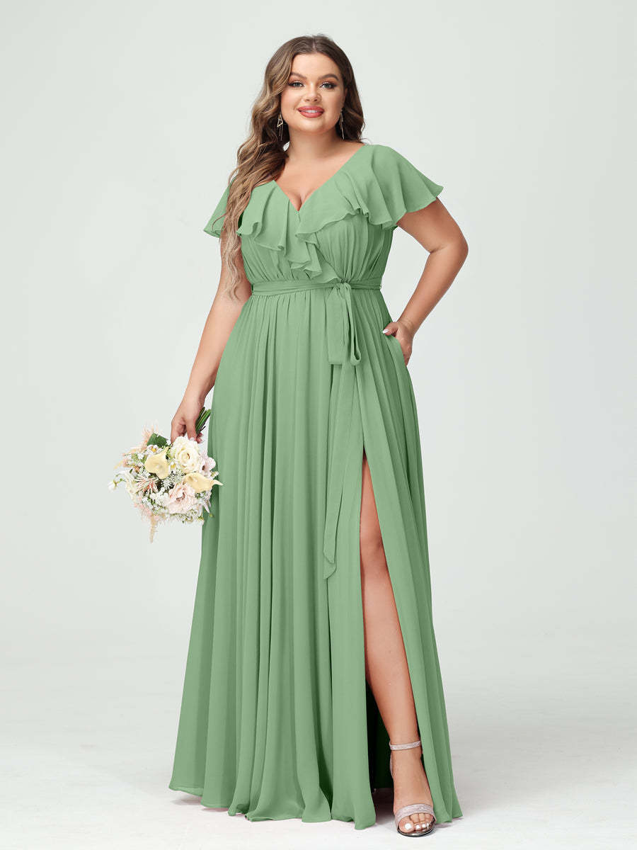 Plus Size Chiffon Bridesmaid Dress with Pockets - A-Line/Princess V-Neck, Short Sleeves, Ruffles, Ruched & Side Split-BMbridal.UK
