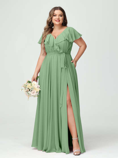 Plus Size Chiffon Bridesmaid Dress with Pockets - A-Line/Princess V-Neck, Short Sleeves, Ruffles, Ruched & Side Split-BMbridal.UK