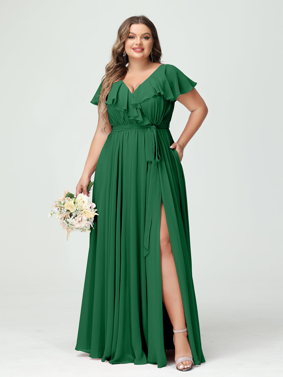 Plus Size Chiffon Bridesmaid Dress with Pockets - A-Line/Princess V-Neck, Short Sleeves, Ruffles, Ruched & Side Split-BMbridal.UK