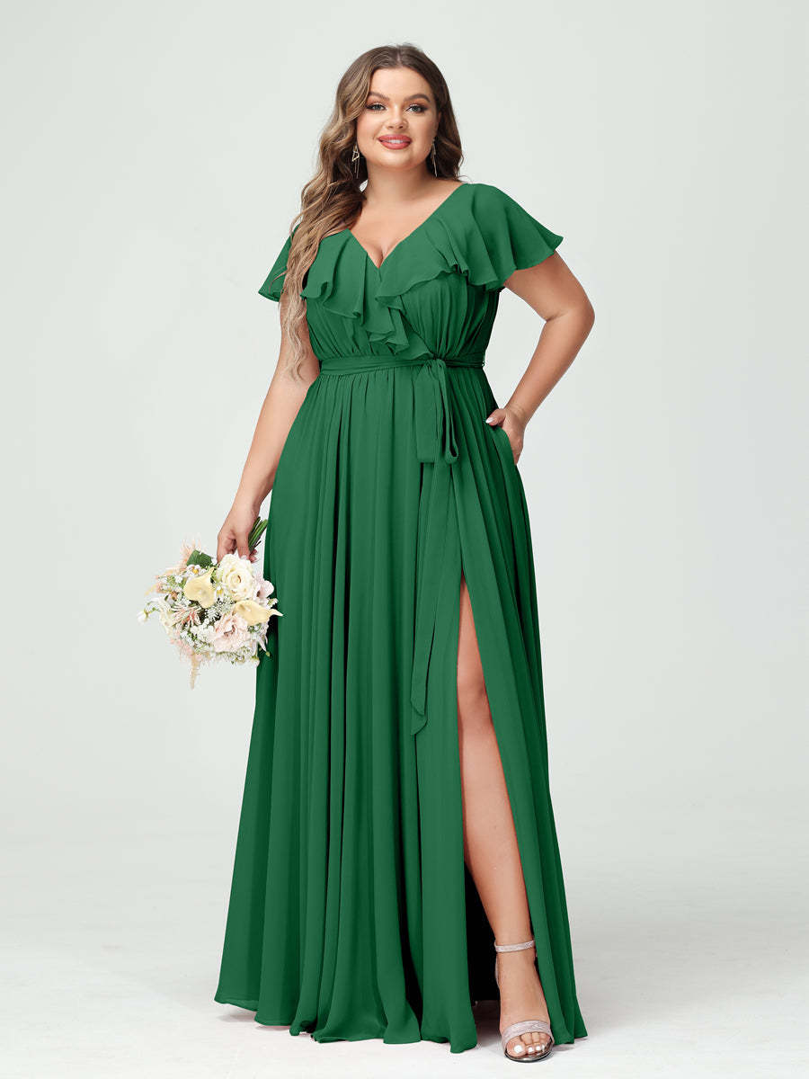 Plus Size Chiffon Bridesmaid Dress with Pockets - A-Line/Princess V-Neck, Short Sleeves, Ruffles, Ruched & Side Split-BMbridal.UK